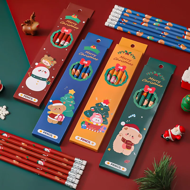 MINKYS Kawaii 6pcs/Pack Vianočné Drevené Ceruzky Pre Školy Študent Písanie Kreslenie Ceruzky Guma Školy Grafické efekty