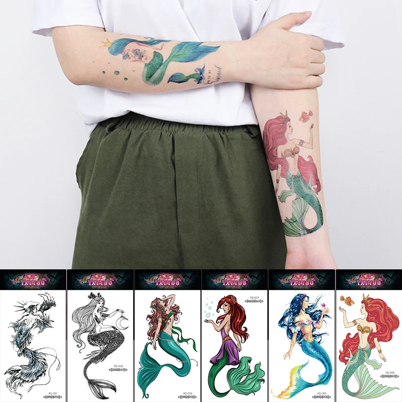 rukáv morská víla dočasné tetovanie na rameno, zápästie kreslených princezná tetovanie pre deti, dievčatá, lesk lepidlo tetovanie ryby tichom akvarel