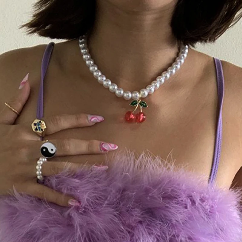 Y2K Šperky, Perly Cherry Náhrdelník Pre Ženy Korálky Roztomilý Módne Vintage Harajuku Náhrdelník Charms 90. rokov Estetické Nové Darčeky 2021