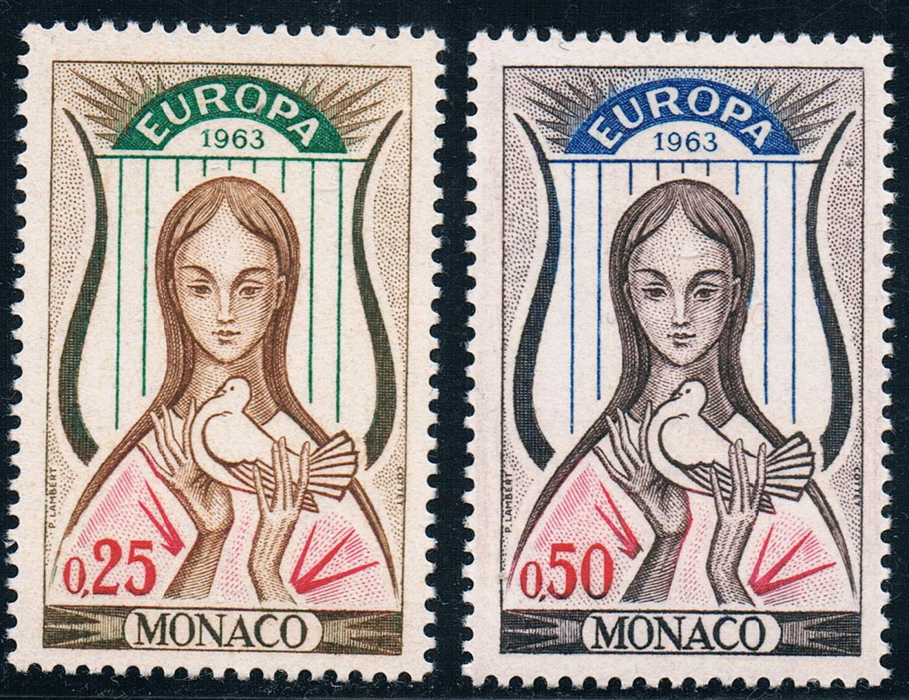 2ks/Set Nové Monako Post Pečiatka 1963 Europa Krásy Holub Socha Pečiatky MNH